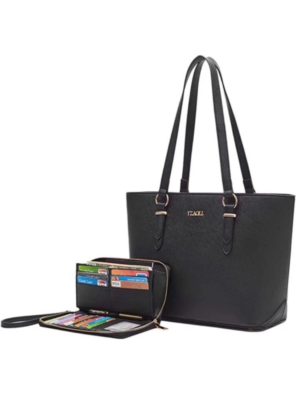 Black Tote Bag with Matching Zip Wallet - Women's Everyday Shoulder Bag